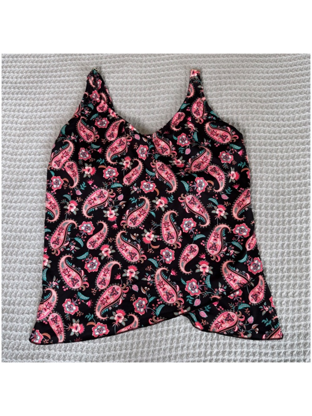 Lands End Tankini Swim Top Womens Medium 10-12 DDD Black Paisley Shelf Bra